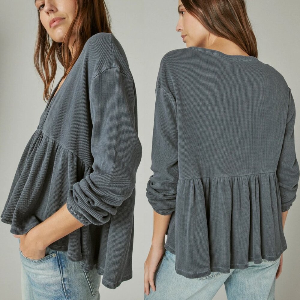 Lucky Brand Waffle Knit Peplum Top L Ebony Grey 100% Cotton Oversized Babydoll - Picture 2 of 16